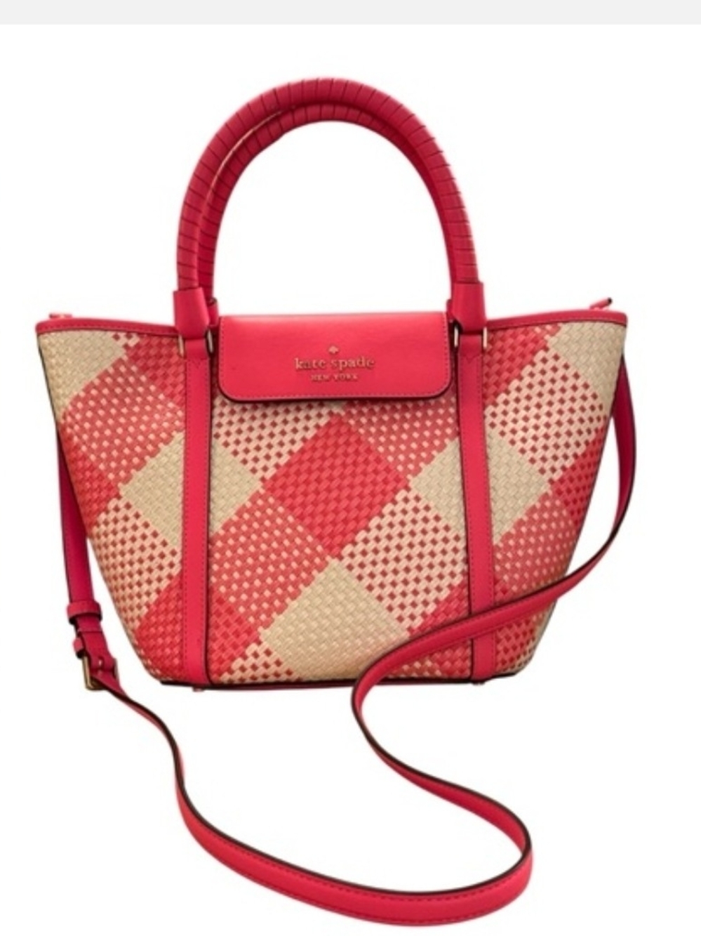 Kate Spade ♠️ Hot Pink and Cream Woven Checker Bag